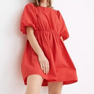 Madewell Red Poplin Crewneck Bubble Sleeve Mini Dress